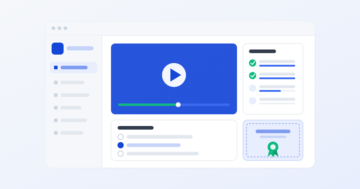 Minh họa nền tảng e-learning với khóa học, video và bài kiểm tra