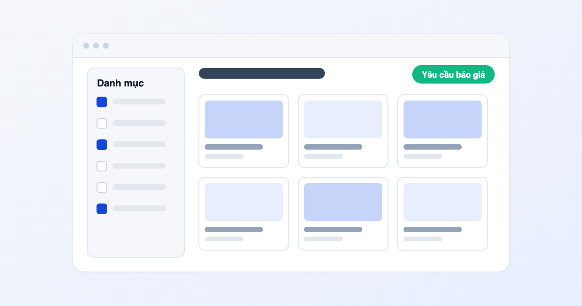 Minh họa website danh mục sản phẩm với phân loại và yêu cầu báo giá