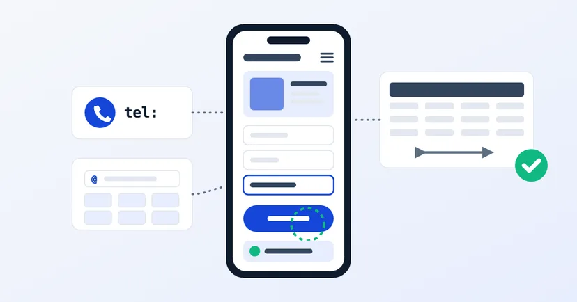 Minh họa điện thoại hiển thị website doanh nghiệp với nút lớn, bảng thông số cuộn ngang được và biểu mẫu ngắn