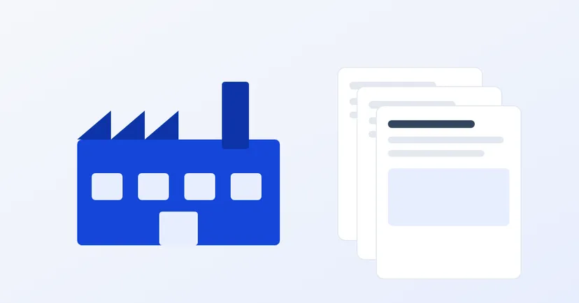 Illustration of a factory and the pages of a manufacturer website