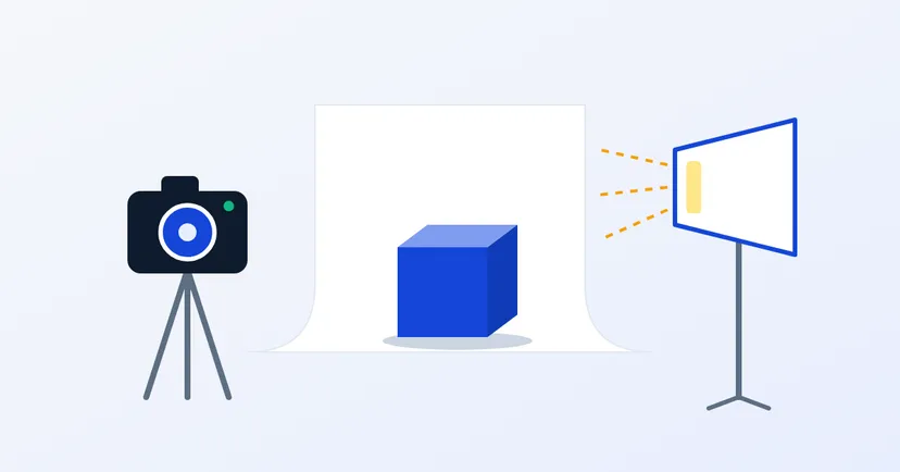 Illustration of a product photo shoot with a camera, lights and a plain background