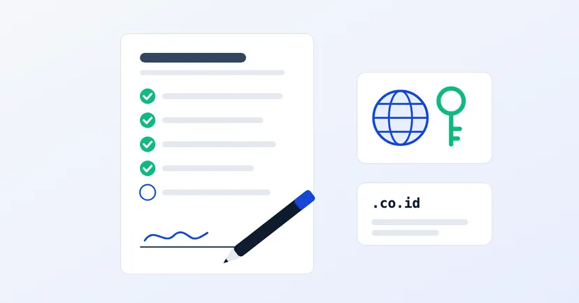 Illustration of a contract document with a checklist, a signing pen, and a key and globe representing domain ownership