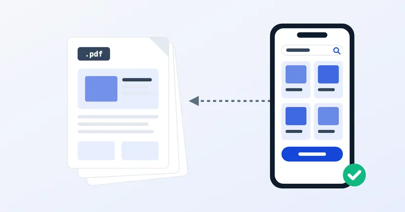 Illustration of a multi-page PDF catalogue next to a product catalogue web page shown on a phone